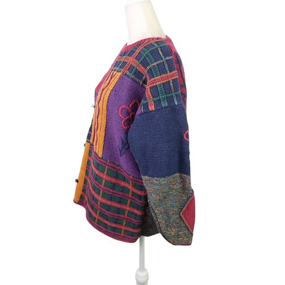 Vintage 90s Casual Elements purple yellow plaid patchwork sweater S - Picture 3 of 6